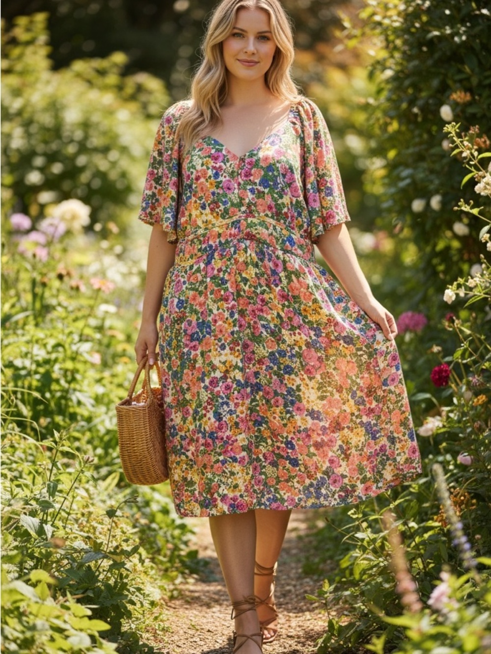 Cato Floral Midi Dress in Pink, Yellow, Green & Blue Size 18 / 20 W